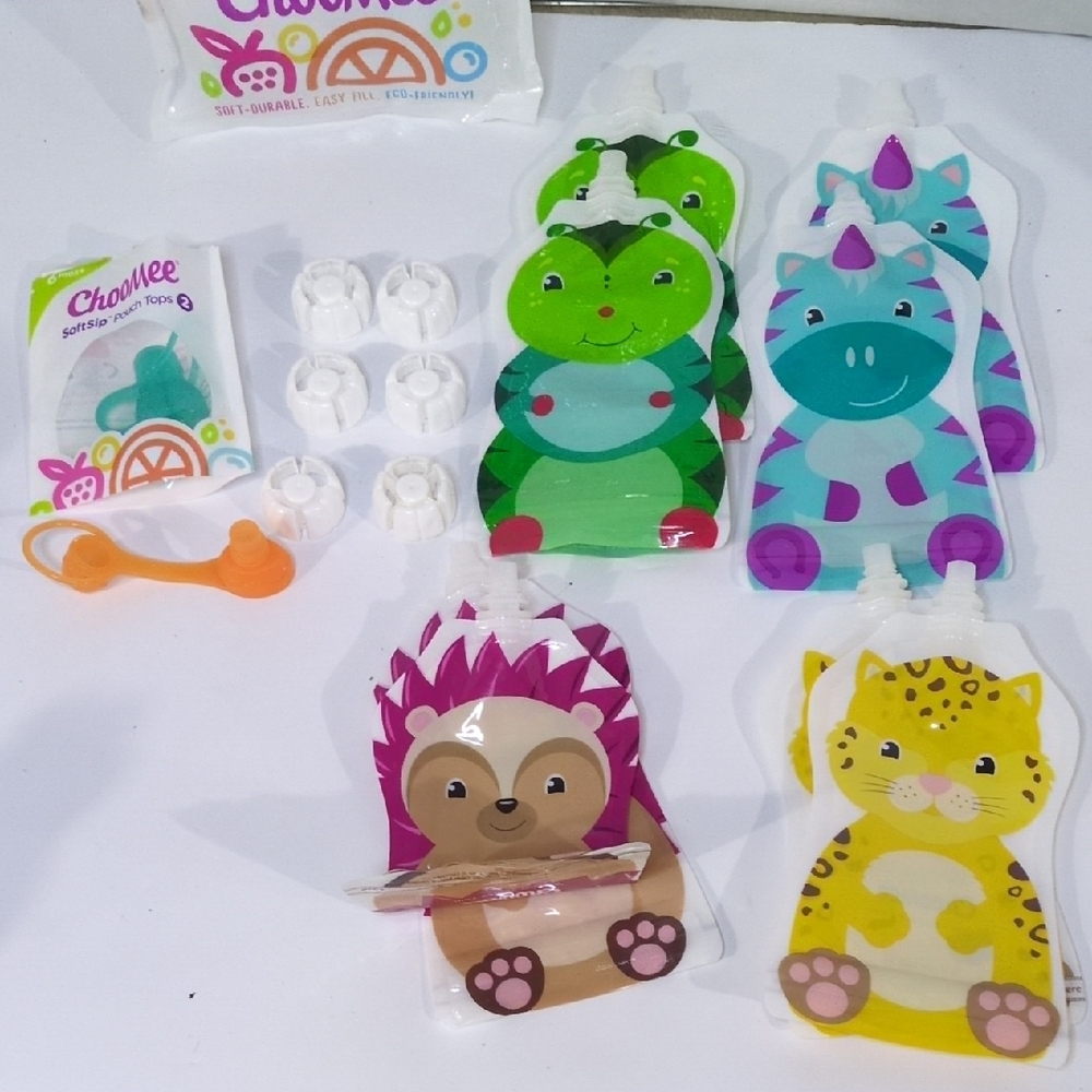 Kids Reusable Squeeze Pouches Animals Softsip & Twist Top 5oz, 8 Pouches